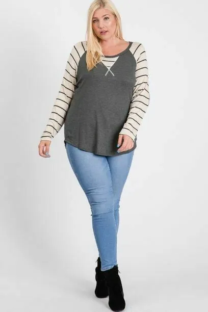 7th Ray Plus Charcoal/Oatmeal Stripe Top