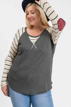 7th Ray Plus Charcoal/Oatmeal Stripe Top