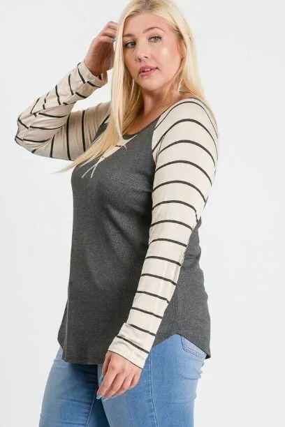 7th Ray Plus Charcoal/Oatmeal Stripe Top