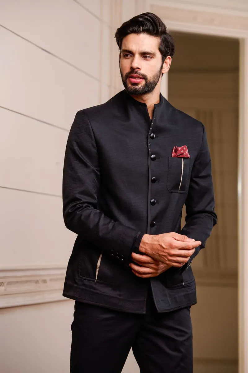 Black Semi Structured Textured Bandhgala