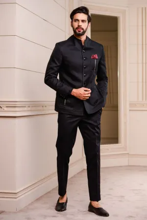Black Semi Structured Textured Bandhgala