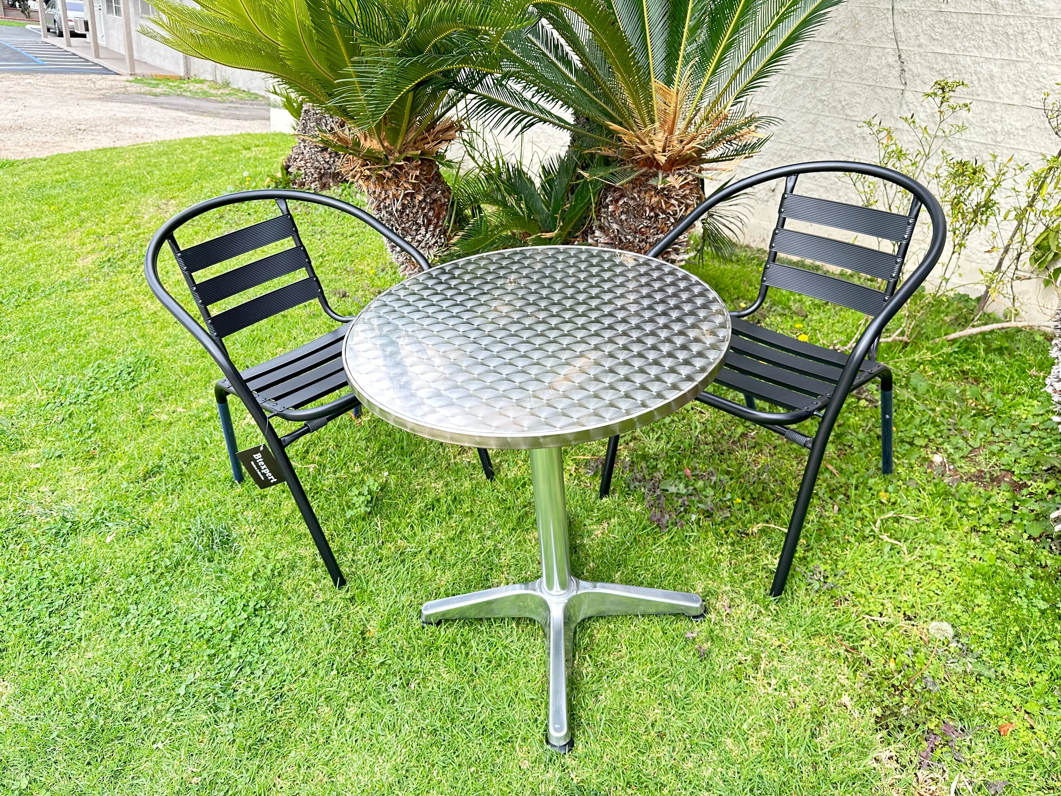 BTExpert Indoor Outdoor 23.75" Round Restaurant Table Stainless Steel Silver Aluminum   2 Black Metal Slat Stack Chairs Commercial Lightweight