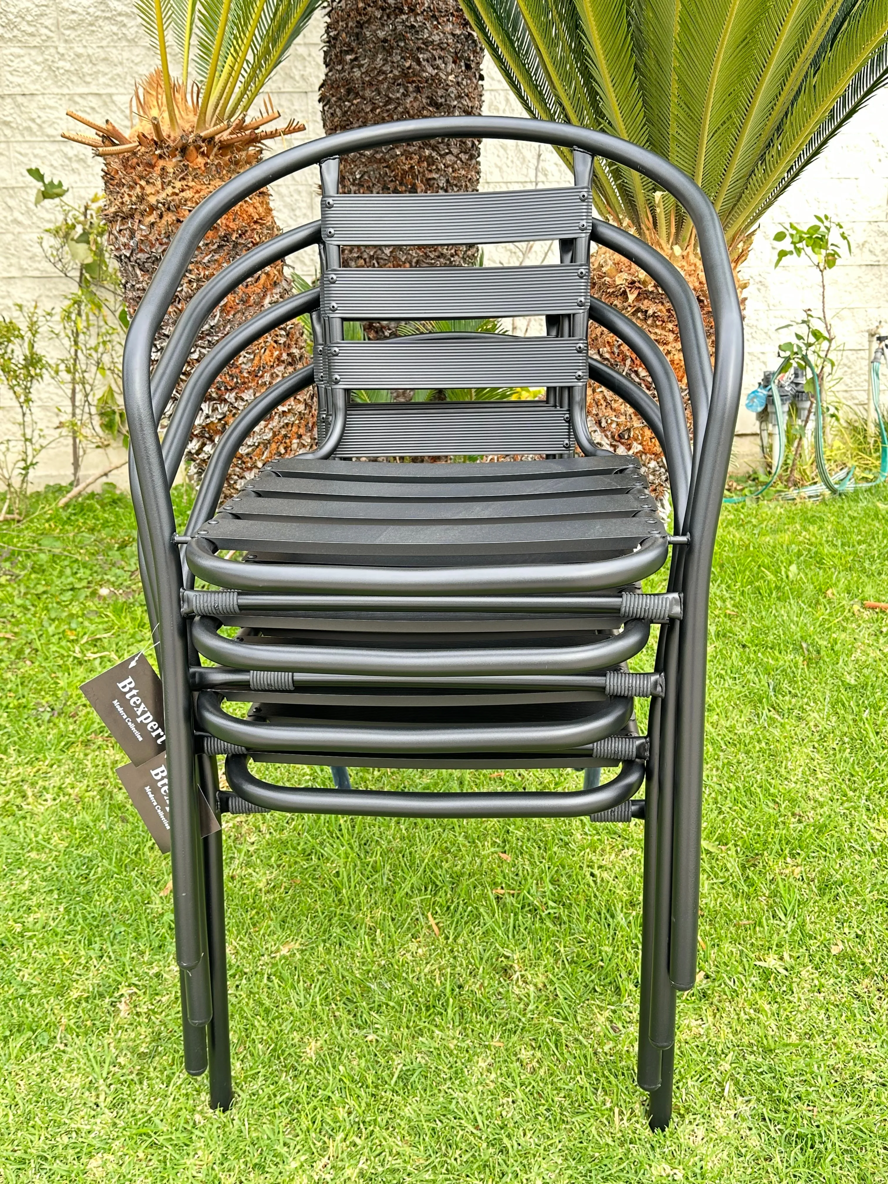 BTExpert Indoor Outdoor 23.75" Round Restaurant Table Stainless Steel Silver Aluminum   2 Black Metal Slat Stack Chairs Commercial Lightweight