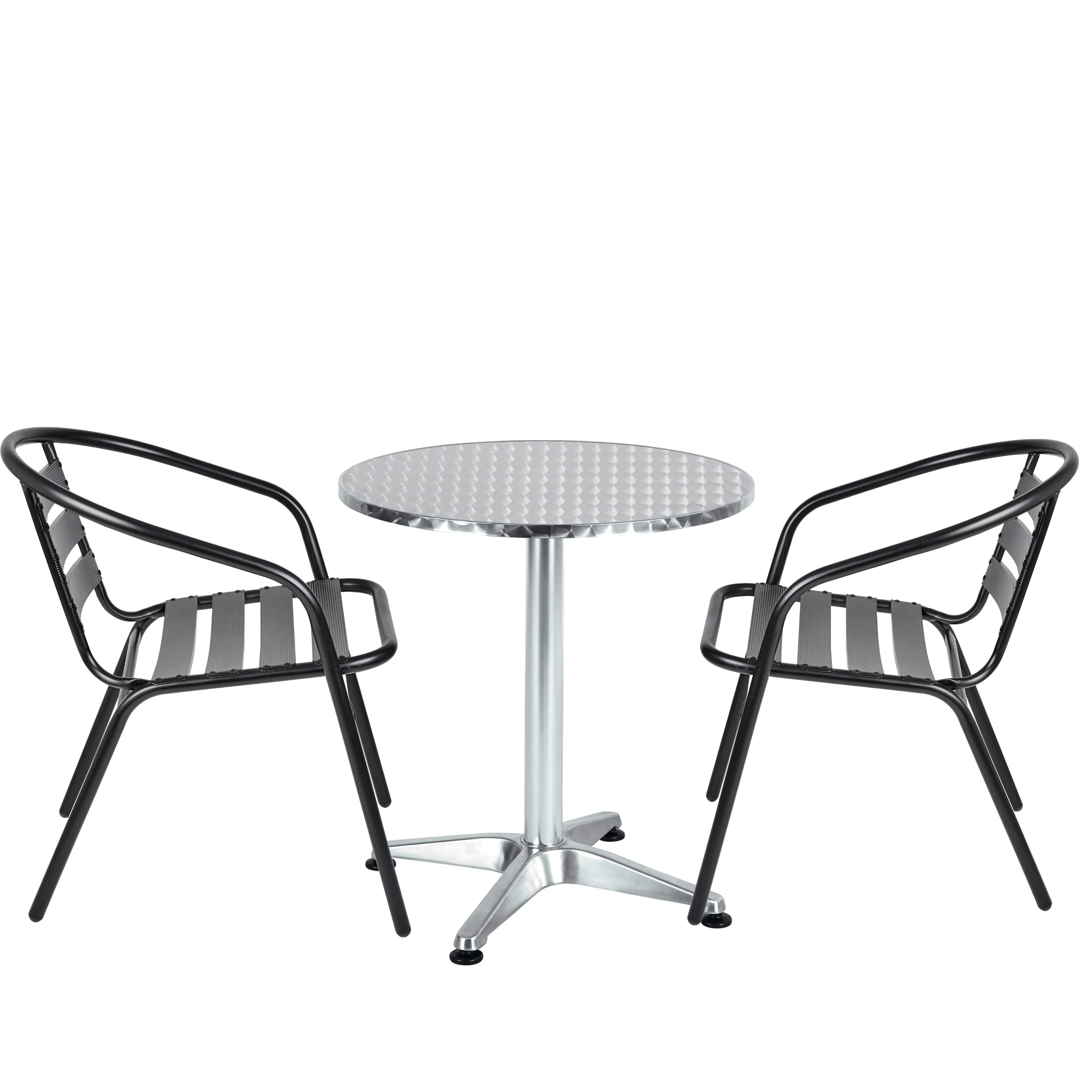 BTExpert Indoor Outdoor 23.75" Round Restaurant Table Stainless Steel Silver Aluminum   2 Black Metal Slat Stack Chairs Commercial Lightweight