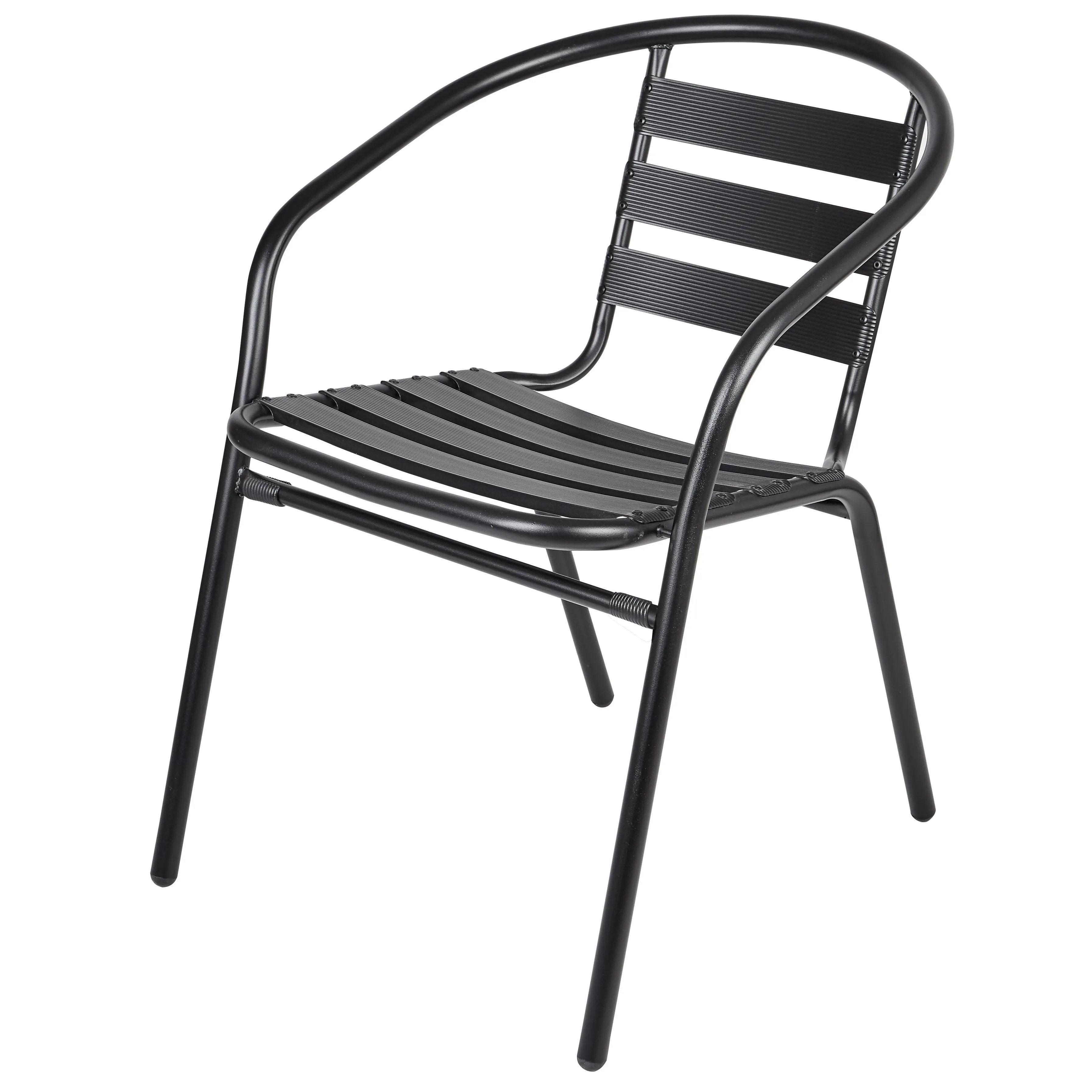 BTExpert Indoor Outdoor 23.75" Round Restaurant Table Stainless Steel Silver Aluminum   2 Black Metal Slat Stack Chairs Commercial Lightweight