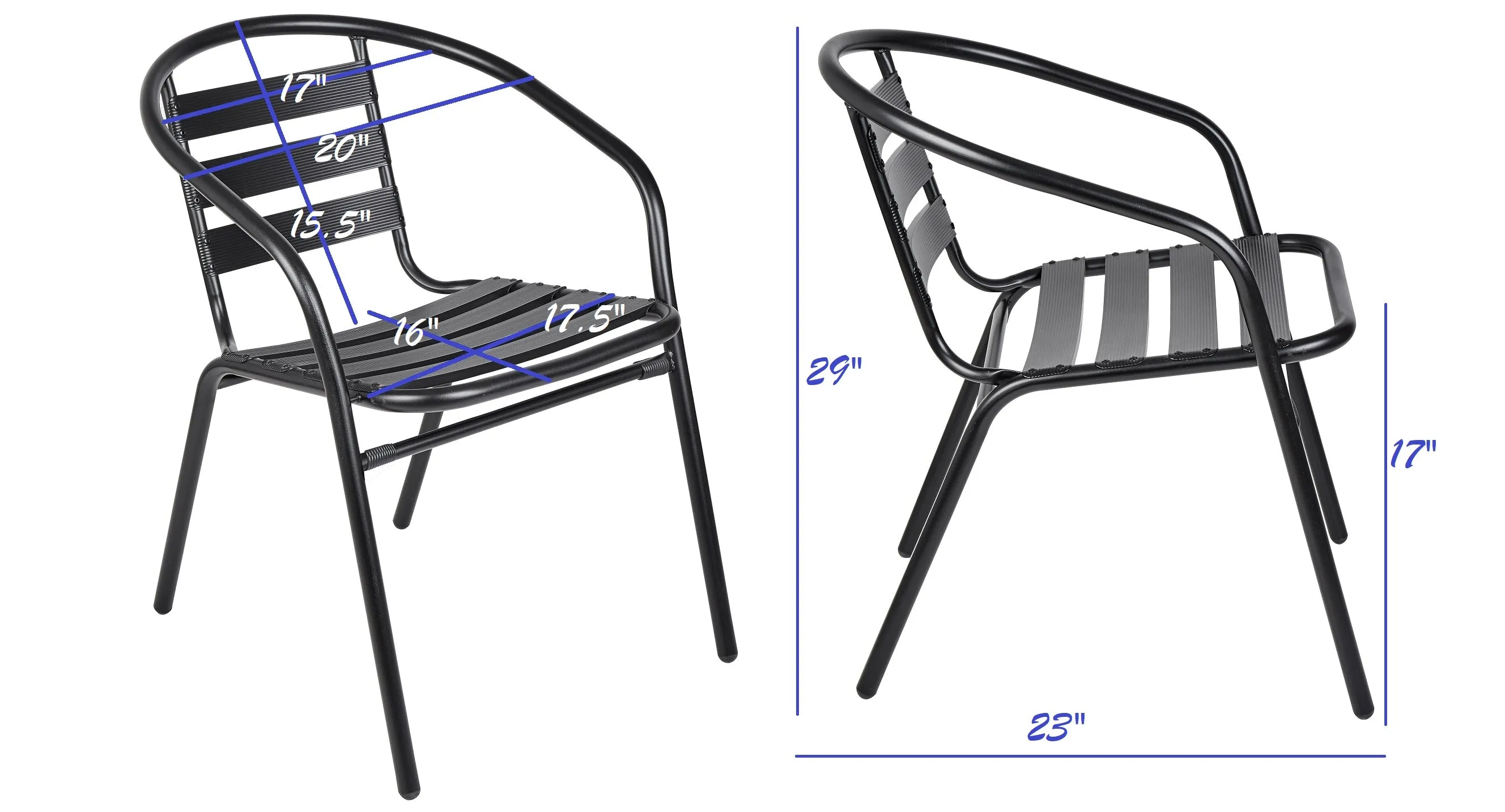 BTExpert Indoor Outdoor 23.75" Round Restaurant Table Stainless Steel Silver Aluminum   2 Black Metal Slat Stack Chairs Commercial Lightweight