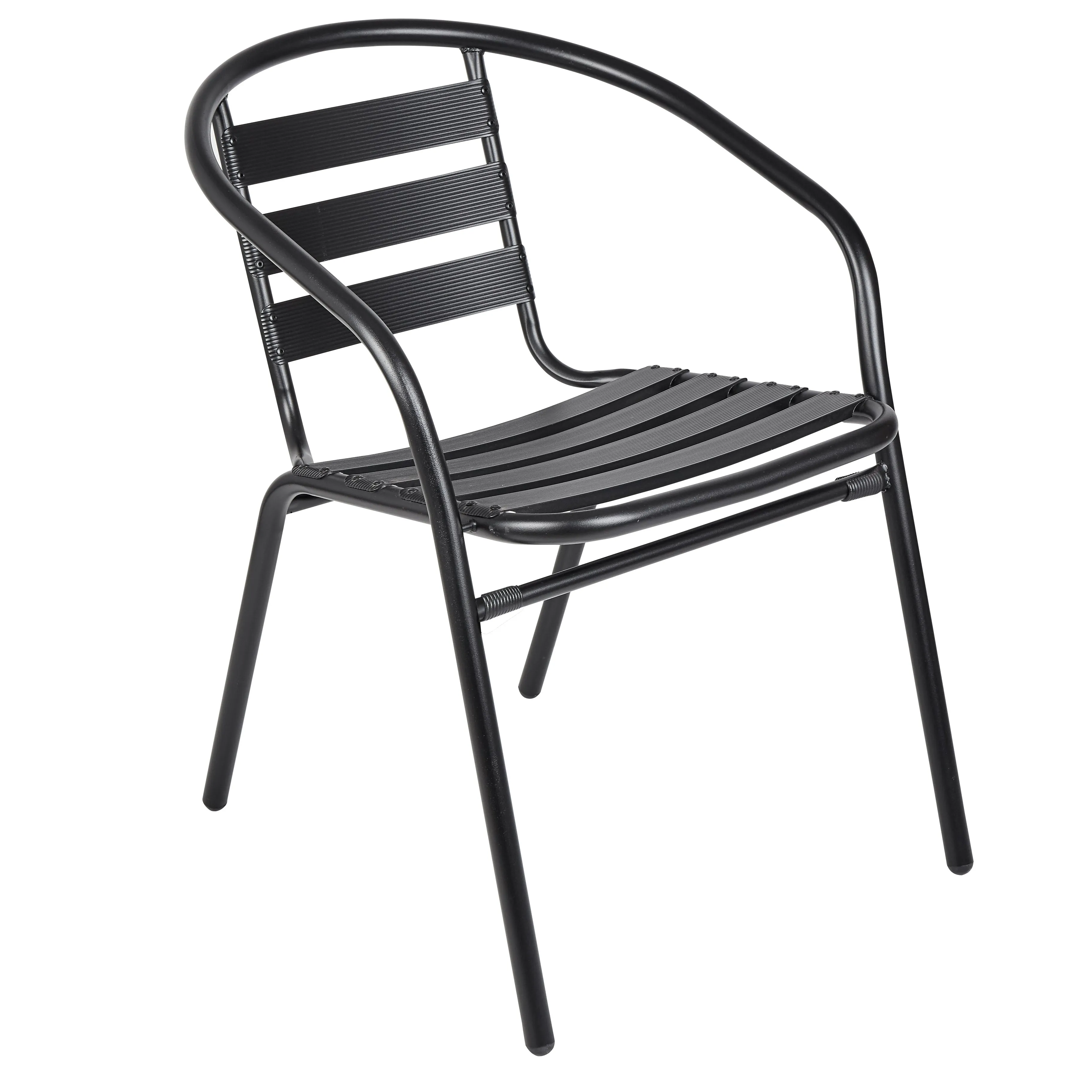 BTExpert Indoor Outdoor 23.75" Round Restaurant Table Stainless Steel Silver Aluminum   2 Black Metal Slat Stack Chairs Commercial Lightweight
