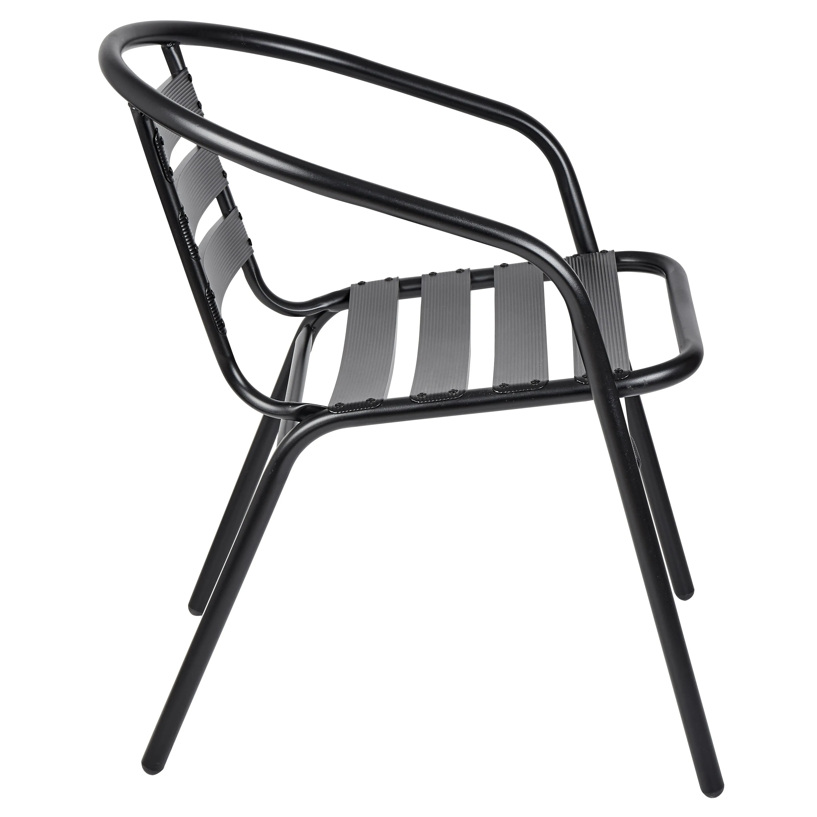 BTExpert Indoor Outdoor 23.75" Round Restaurant Table Stainless Steel Silver Aluminum   2 Black Metal Slat Stack Chairs Commercial Lightweight
