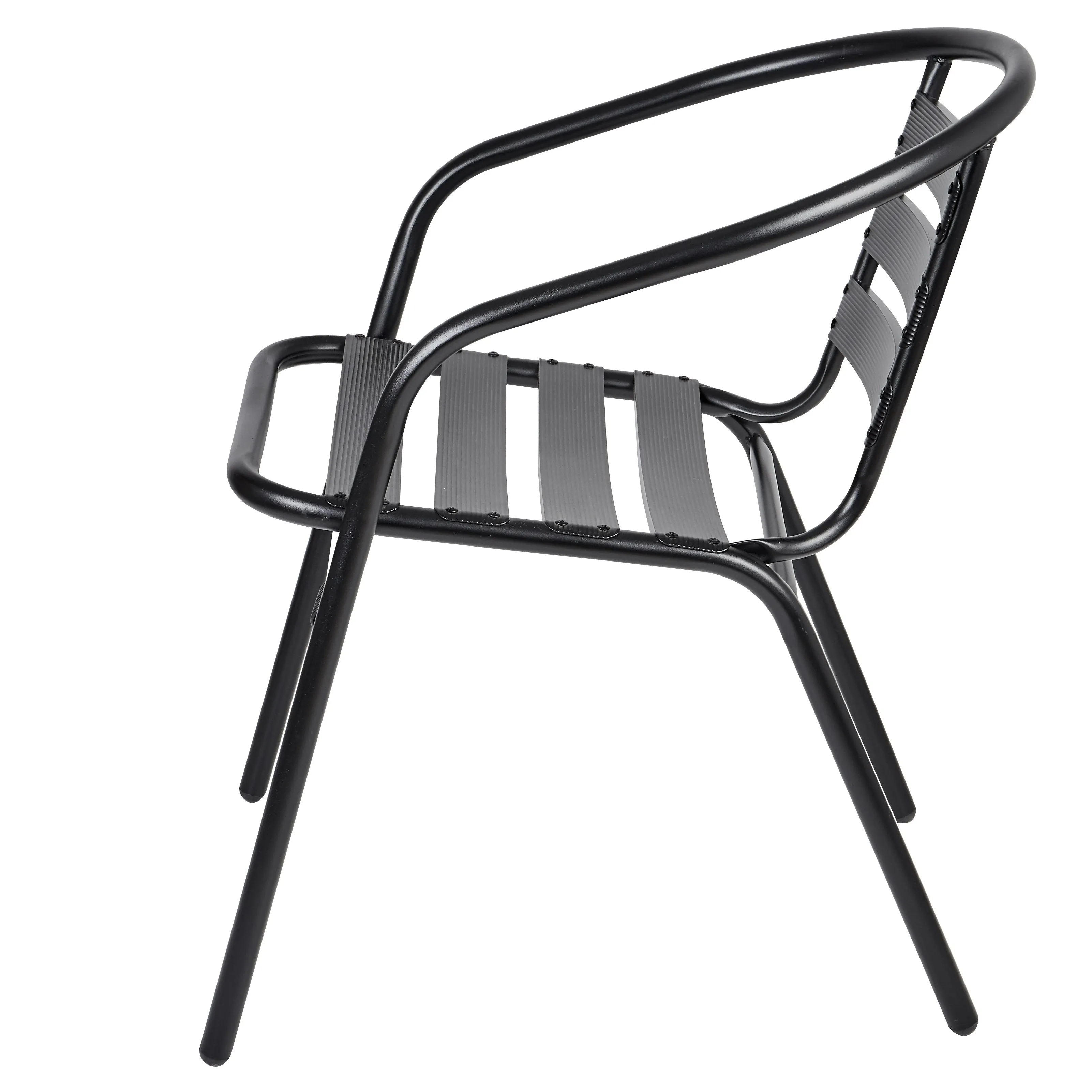 BTExpert Indoor Outdoor 23.75" Round Restaurant Table Stainless Steel Silver Aluminum   2 Black Metal Slat Stack Chairs Commercial Lightweight