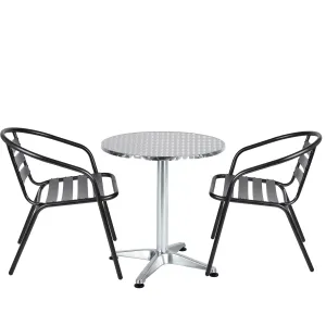 BTExpert Indoor Outdoor 23.75" Round Restaurant Table Stainless Steel Silver Aluminum   2 Black Metal Slat Stack Chairs Commercial Lightweight