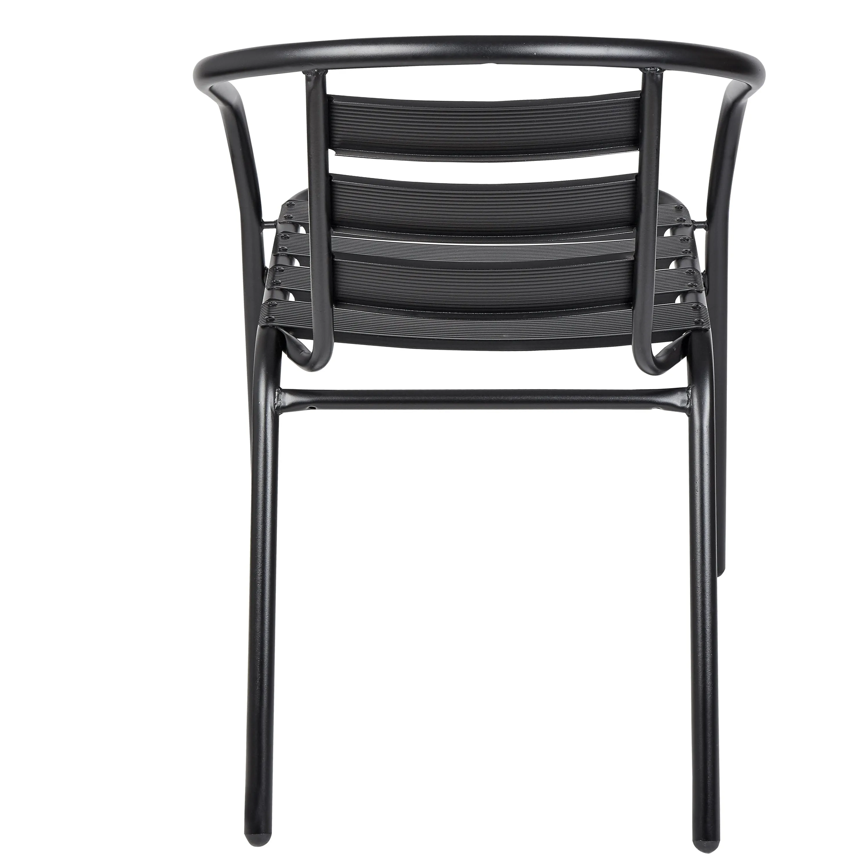 BTExpert Indoor Outdoor 23.75" Round Restaurant Table Stainless Steel Silver Aluminum   2 Black Metal Slat Stack Chairs Commercial Lightweight