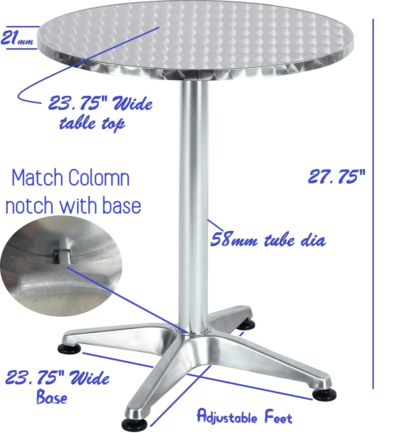BTExpert Indoor Outdoor 23.75" Round Restaurant Table Stainless Steel Silver Aluminum   2 Black Metal Slat Stack Chairs Commercial Lightweight