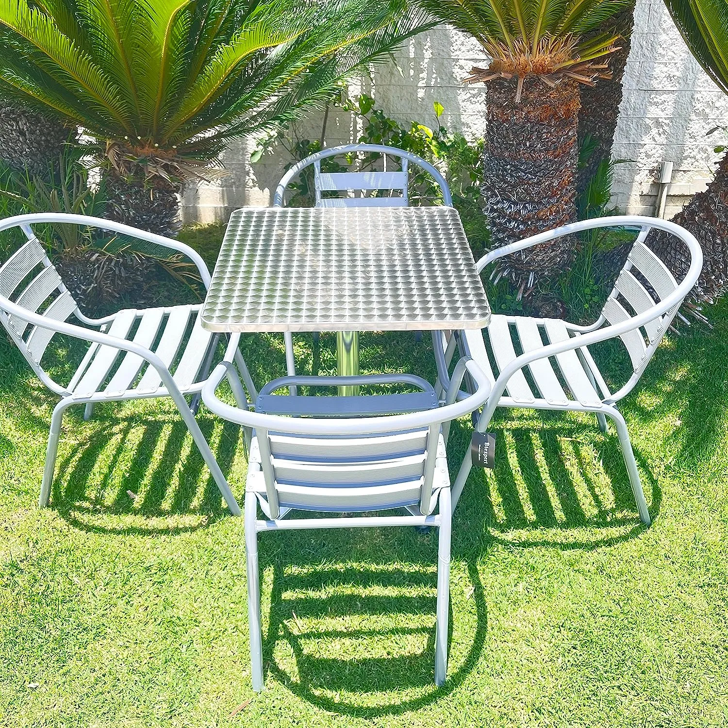 BTExpert Indoor Outdoor 23.75" Square Restaurant Table Stainless Steel Silver Aluminum   4 Silver Gray Metal Aluminum Slat Stack Chairs Commercial