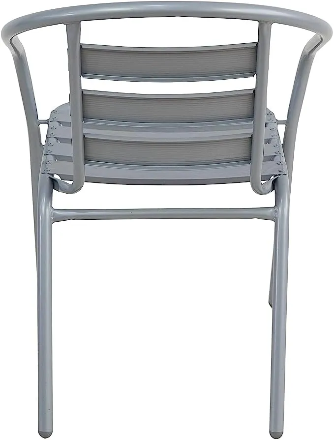 BTExpert Indoor Outdoor 23.75" Square Restaurant Table Stainless Steel Silver Aluminum   4 Silver Gray Metal Aluminum Slat Stack Chairs Commercial