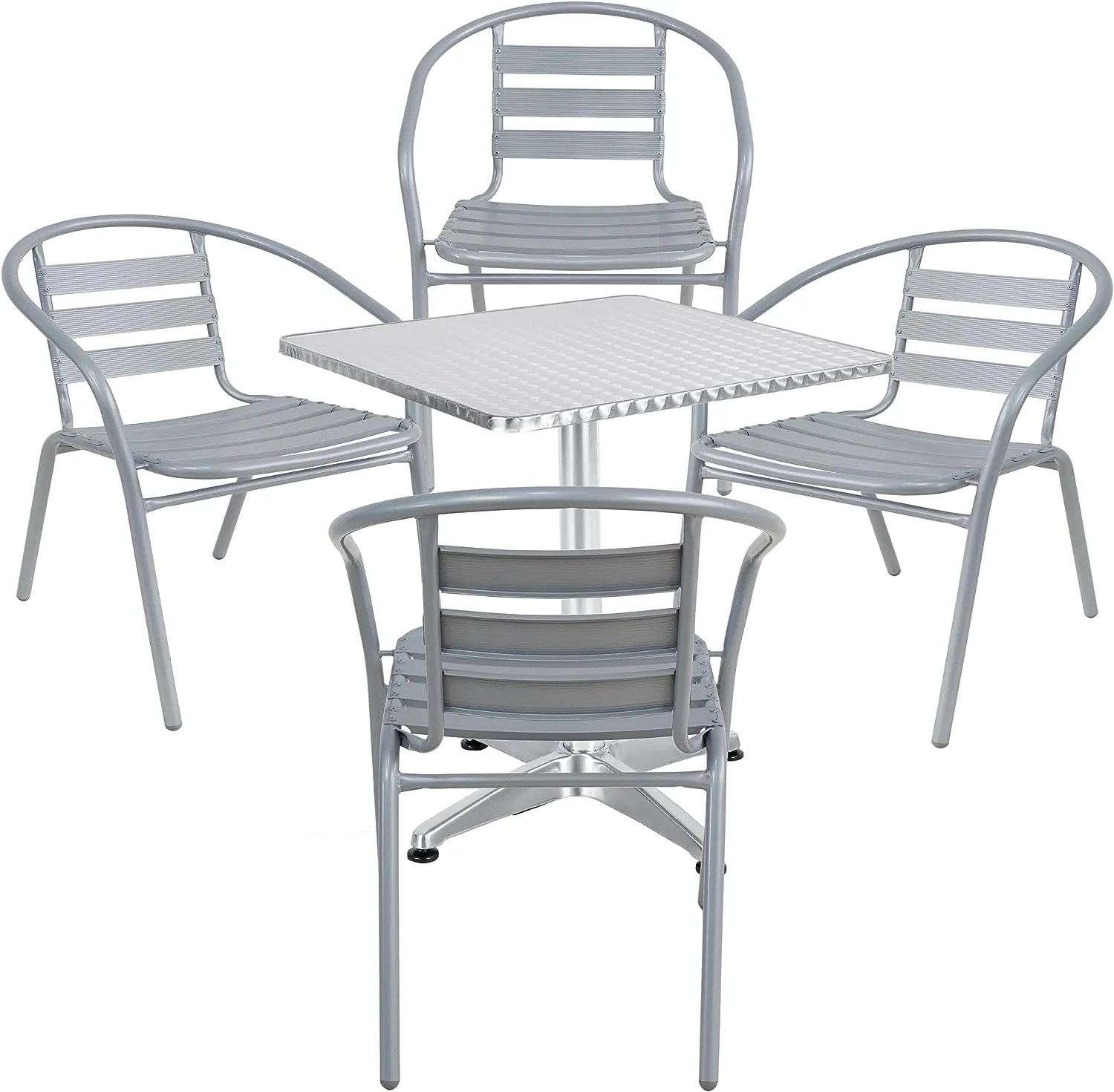BTExpert Indoor Outdoor 23.75" Square Restaurant Table Stainless Steel Silver Aluminum   4 Silver Gray Metal Aluminum Slat Stack Chairs Commercial