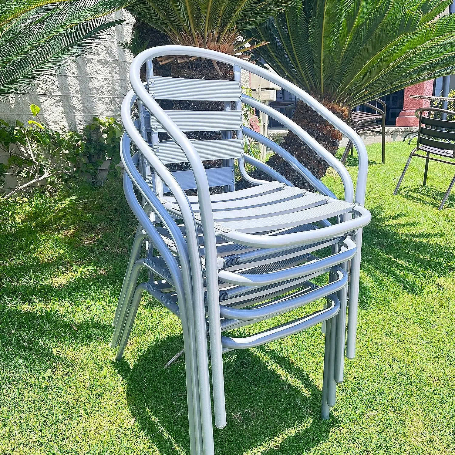 BTExpert Indoor Outdoor 23.75" Square Restaurant Table Stainless Steel Silver Aluminum   4 Silver Gray Metal Aluminum Slat Stack Chairs Commercial