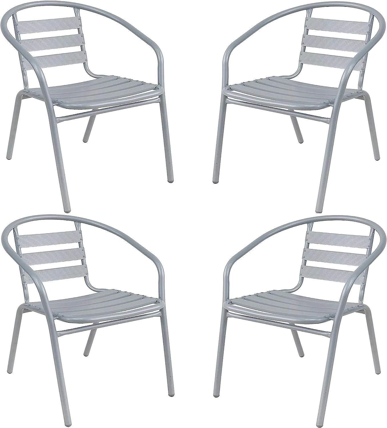 BTExpert Indoor Outdoor 23.75" Square Restaurant Table Stainless Steel Silver Aluminum   4 Silver Gray Metal Aluminum Slat Stack Chairs Commercial