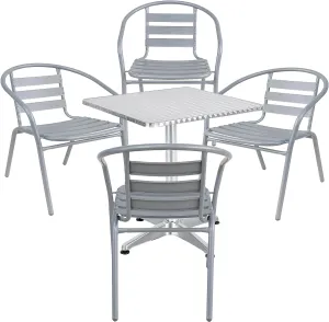 BTExpert Indoor Outdoor 23.75" Square Restaurant Table Stainless Steel Silver Aluminum   4 Silver Gray Metal Aluminum Slat Stack Chairs Commercial