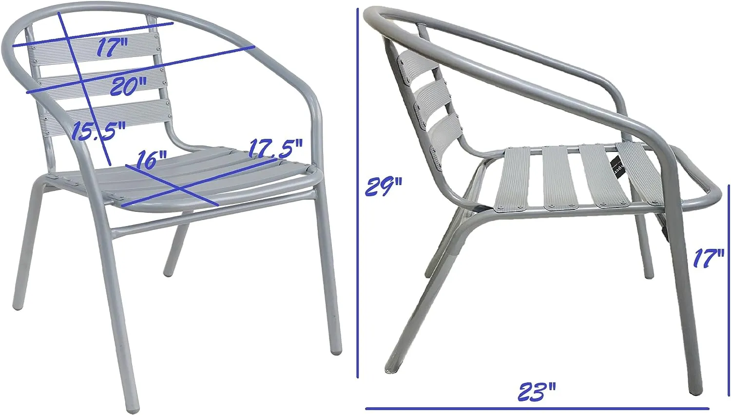 BTExpert Indoor Outdoor 23.75" Square Restaurant Table Stainless Steel Silver Aluminum   4 Silver Gray Metal Aluminum Slat Stack Chairs Commercial