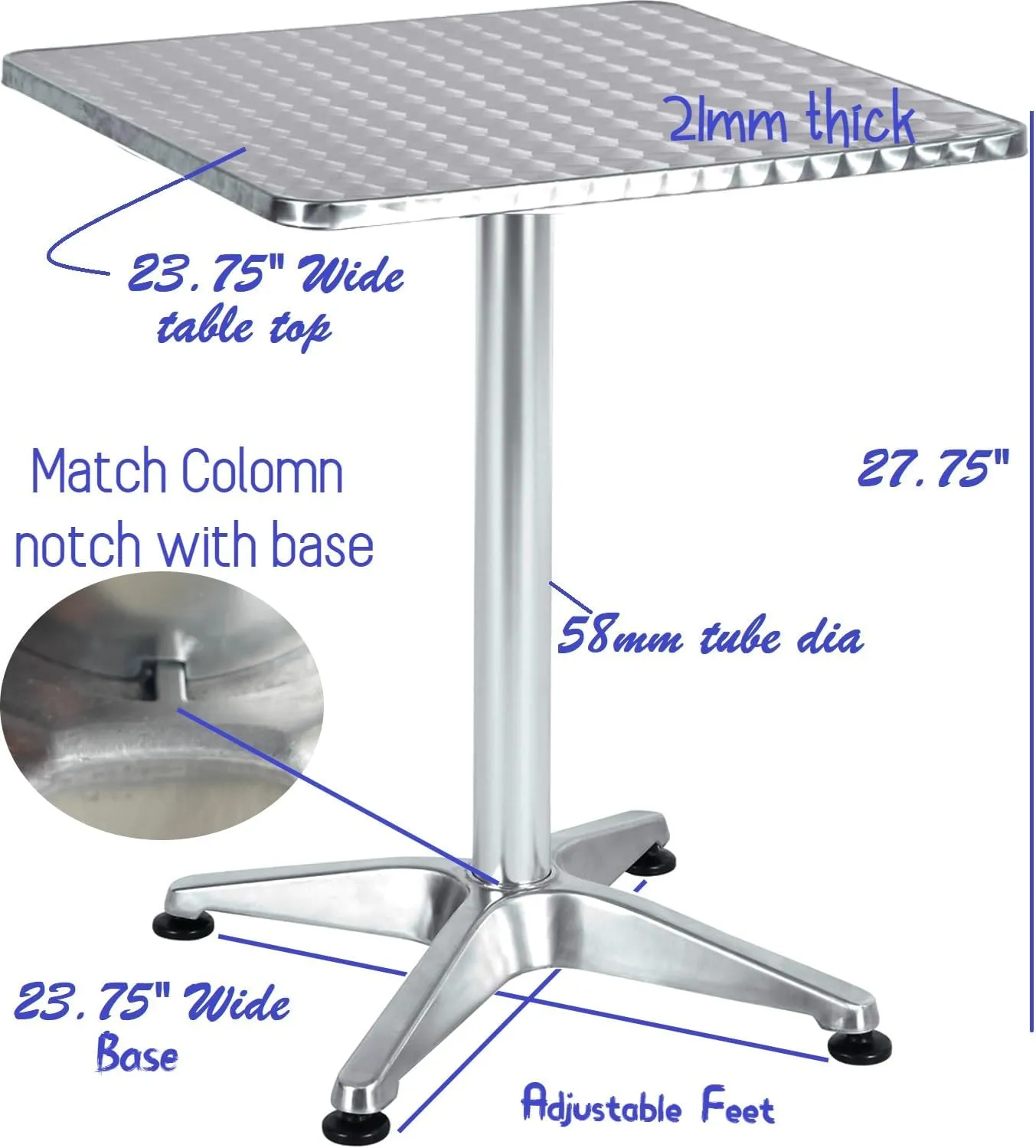 BTExpert Indoor Outdoor 23.75" Square Restaurant Table Stainless Steel Silver Aluminum   4 Silver Gray Metal Aluminum Slat Stack Chairs Commercial