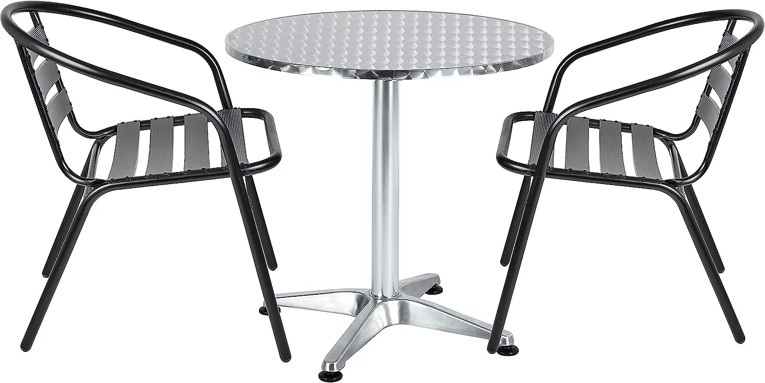 BTExpert Indoor Outdoor 27.5" Round Restaurant Table Stainless Steel Silver Aluminum   2 Black Metal Slat Stack Chairs Commercial Lightweight
