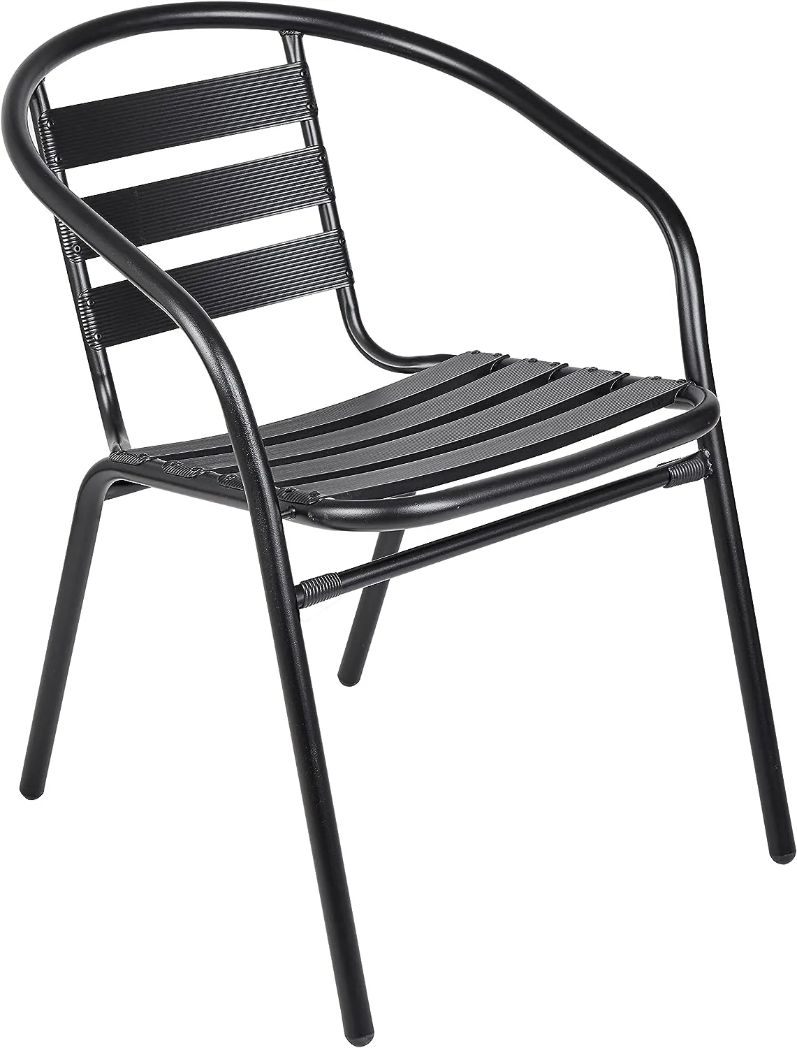 BTExpert Indoor Outdoor 27.5" Round Restaurant Table Stainless Steel Silver Aluminum   2 Black Metal Slat Stack Chairs Commercial Lightweight