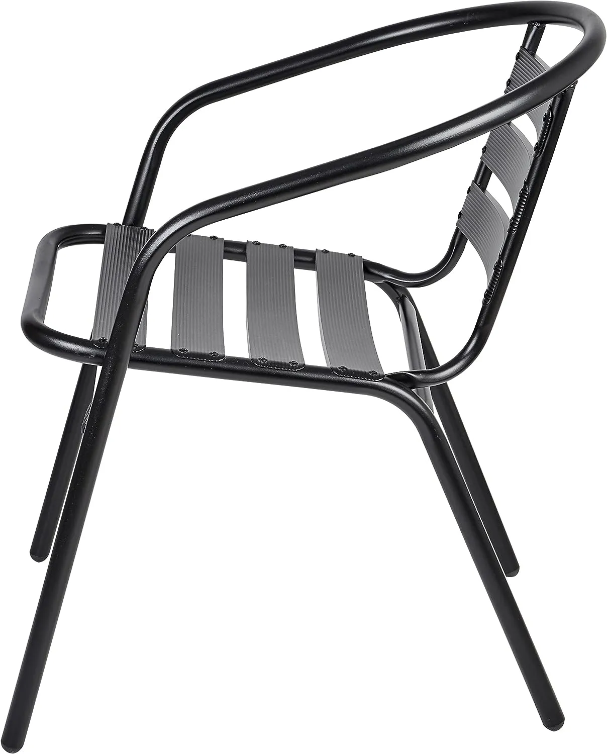 BTExpert Indoor Outdoor 27.5" Round Restaurant Table Stainless Steel Silver Aluminum   2 Black Metal Slat Stack Chairs Commercial Lightweight
