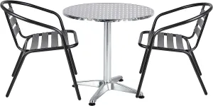 BTExpert Indoor Outdoor 27.5" Round Restaurant Table Stainless Steel Silver Aluminum   2 Black Metal Slat Stack Chairs Commercial Lightweight