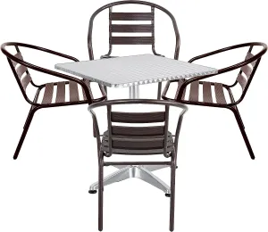 BTExpert Indoor Outdoor 27.5" Square Restaurant Table Stainless Steel Silver Aluminum   4 Bronze Metal Aluminum Slat Stack Chairs Lightweight