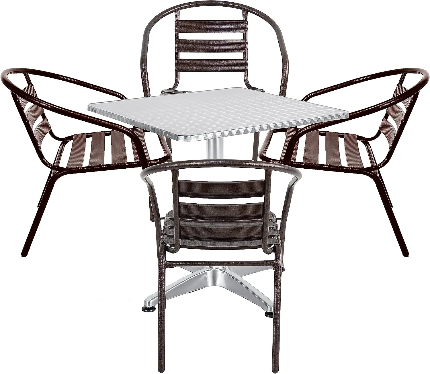 BTExpert Indoor Outdoor 27.5" Square Restaurant Table Stainless Steel Silver Aluminum   4 Bronze Metal Aluminum Slat Stack Chairs Lightweight