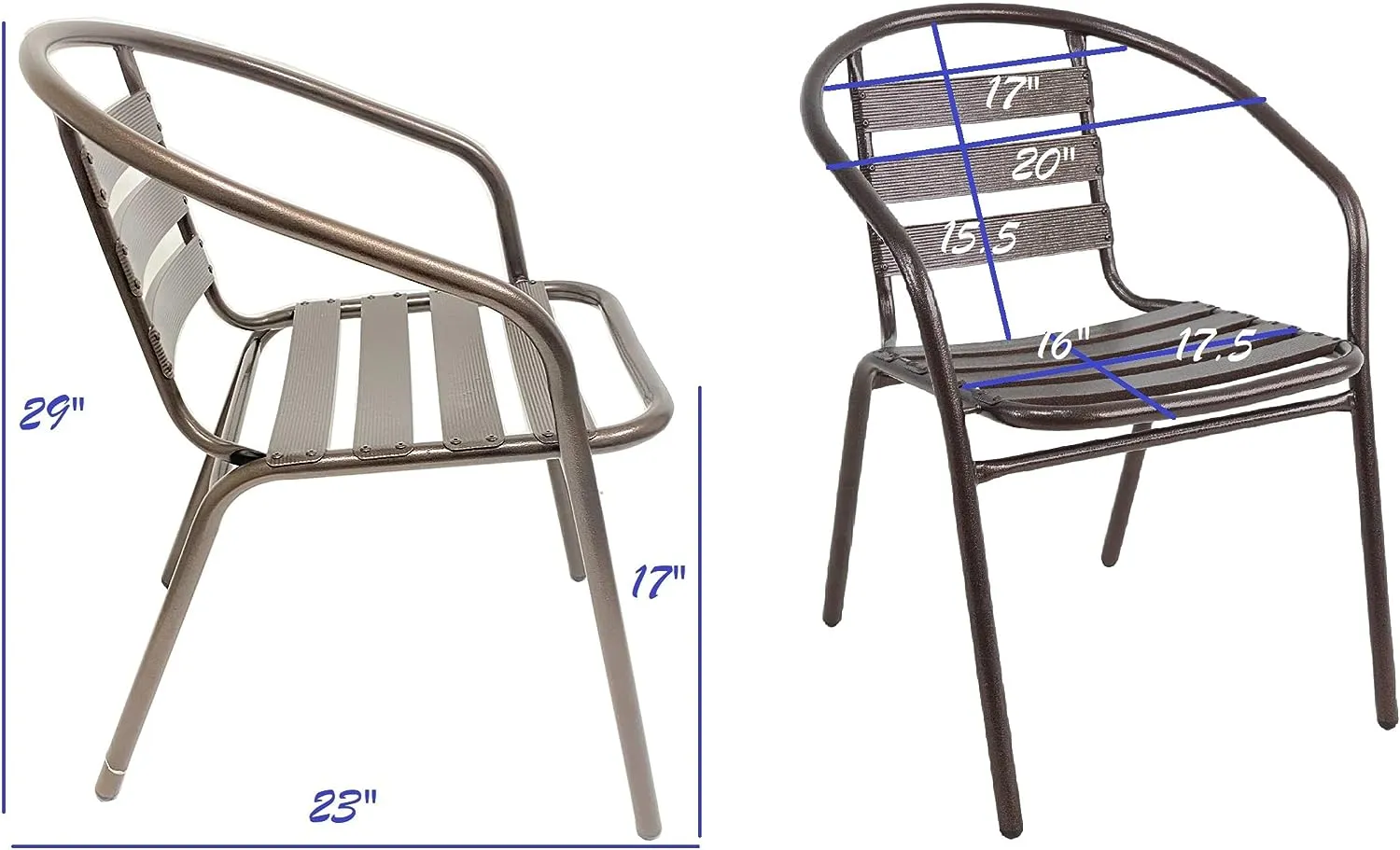 BTExpert Indoor Outdoor 27.5" Square Restaurant Table Stainless Steel Silver Aluminum   4 Bronze Metal Aluminum Slat Stack Chairs Lightweight