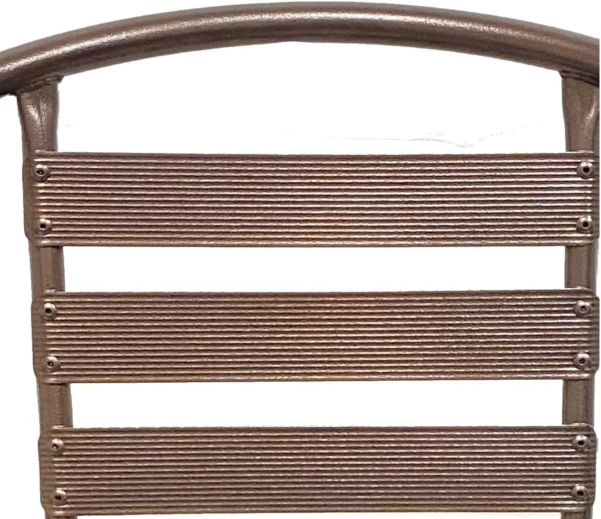 BTExpert Indoor Outdoor 27.5" Square Restaurant Table Stainless Steel Silver Aluminum   4 Bronze Metal Aluminum Slat Stack Chairs Lightweight