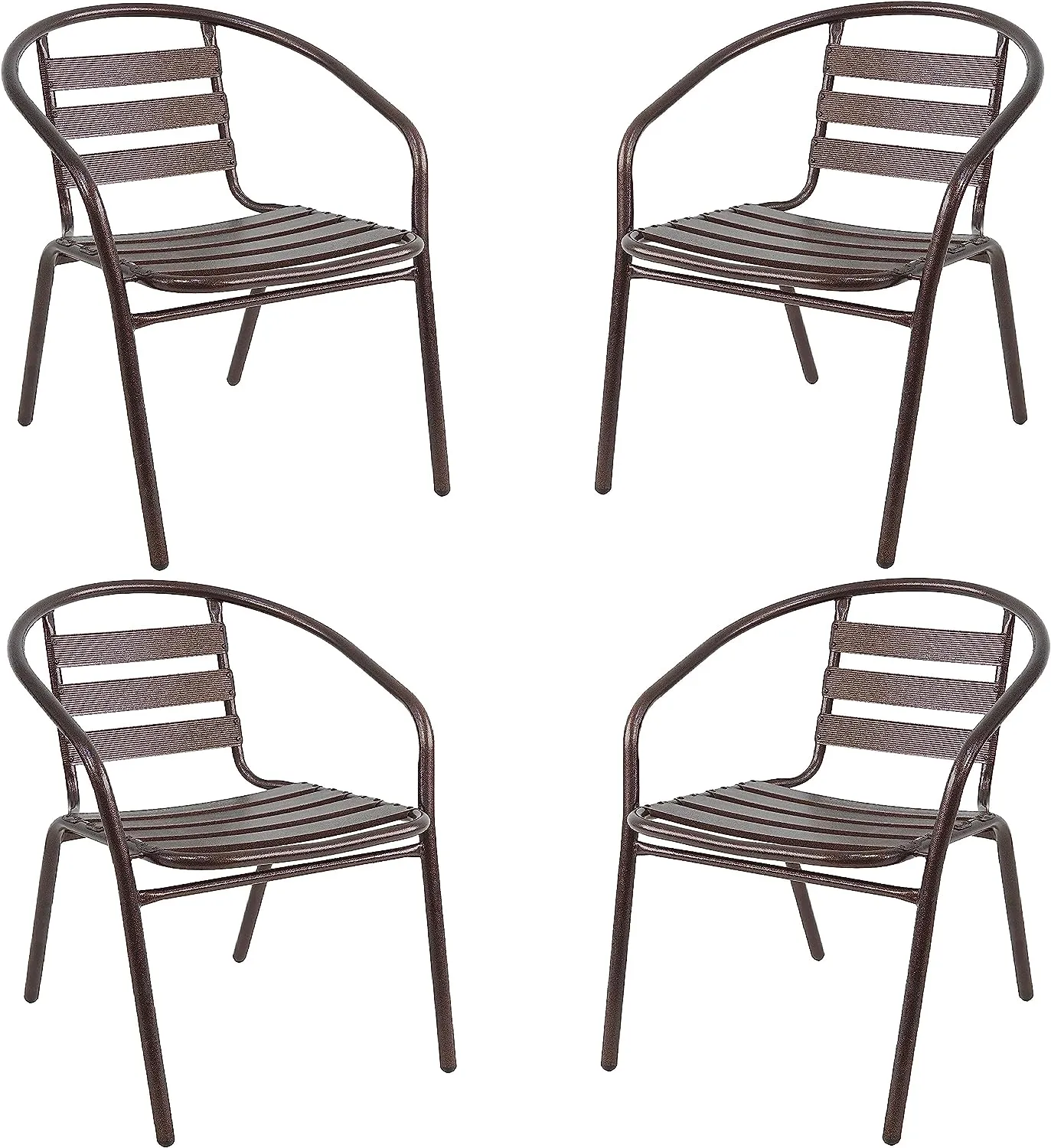 BTExpert Indoor Outdoor 27.5" Square Restaurant Table Stainless Steel Silver Aluminum   4 Bronze Metal Aluminum Slat Stack Chairs Lightweight