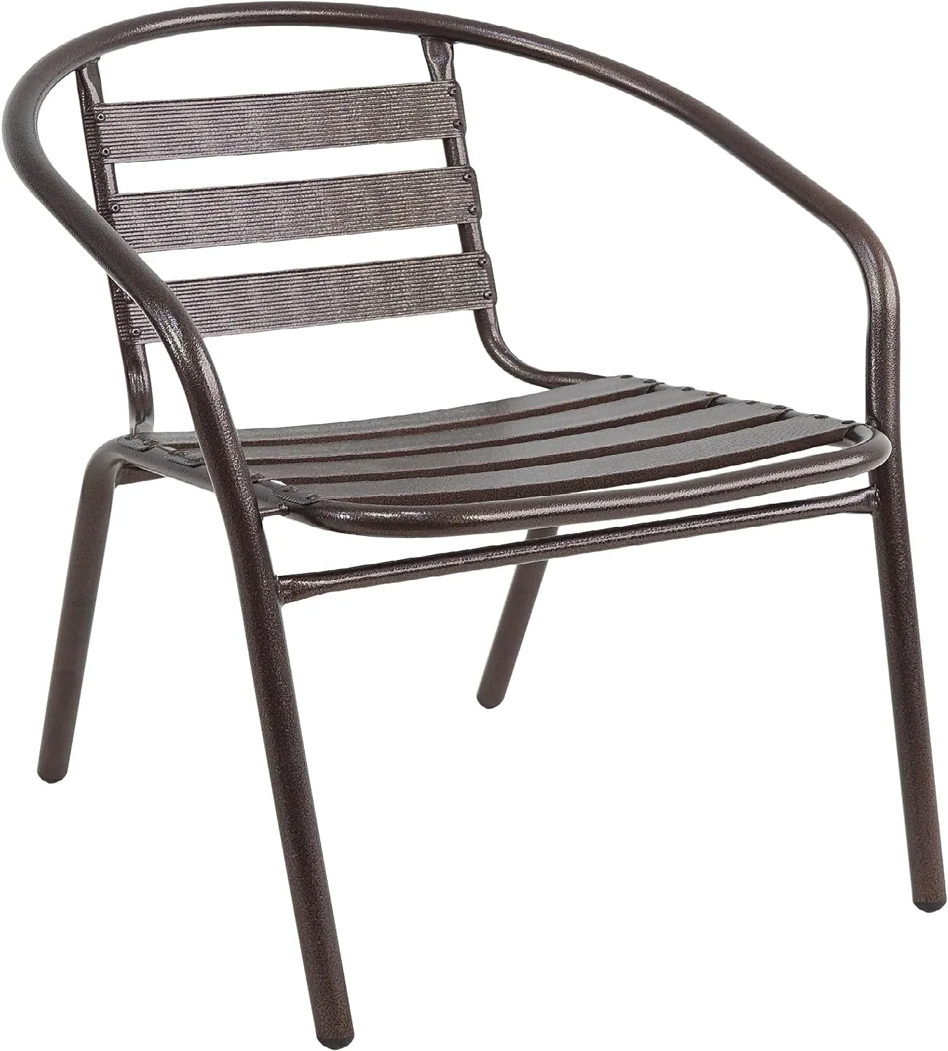 BTExpert Indoor Outdoor 27.5" Square Restaurant Table Stainless Steel Silver Aluminum   4 Bronze Metal Aluminum Slat Stack Chairs Lightweight