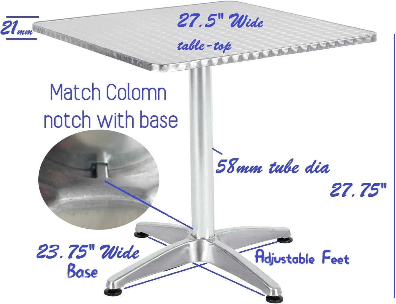 BTExpert Indoor Outdoor 27.5" Square Restaurant Table Stainless Steel Silver Aluminum   4 Bronze Metal Aluminum Slat Stack Chairs Lightweight