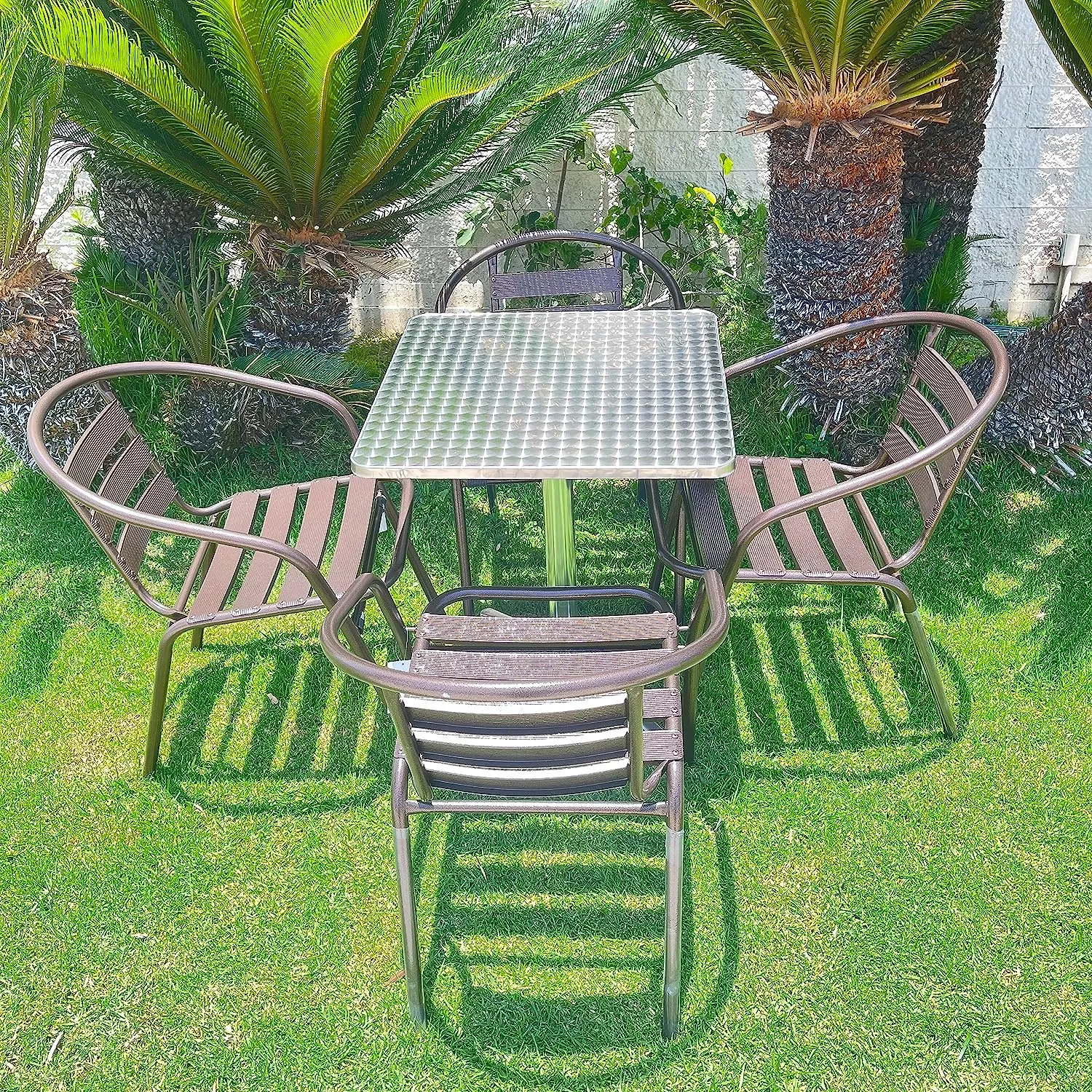 BTExpert Indoor Outdoor 27.5" Square Restaurant Table Stainless Steel Silver Aluminum   4 Bronze Metal Aluminum Slat Stack Chairs Lightweight
