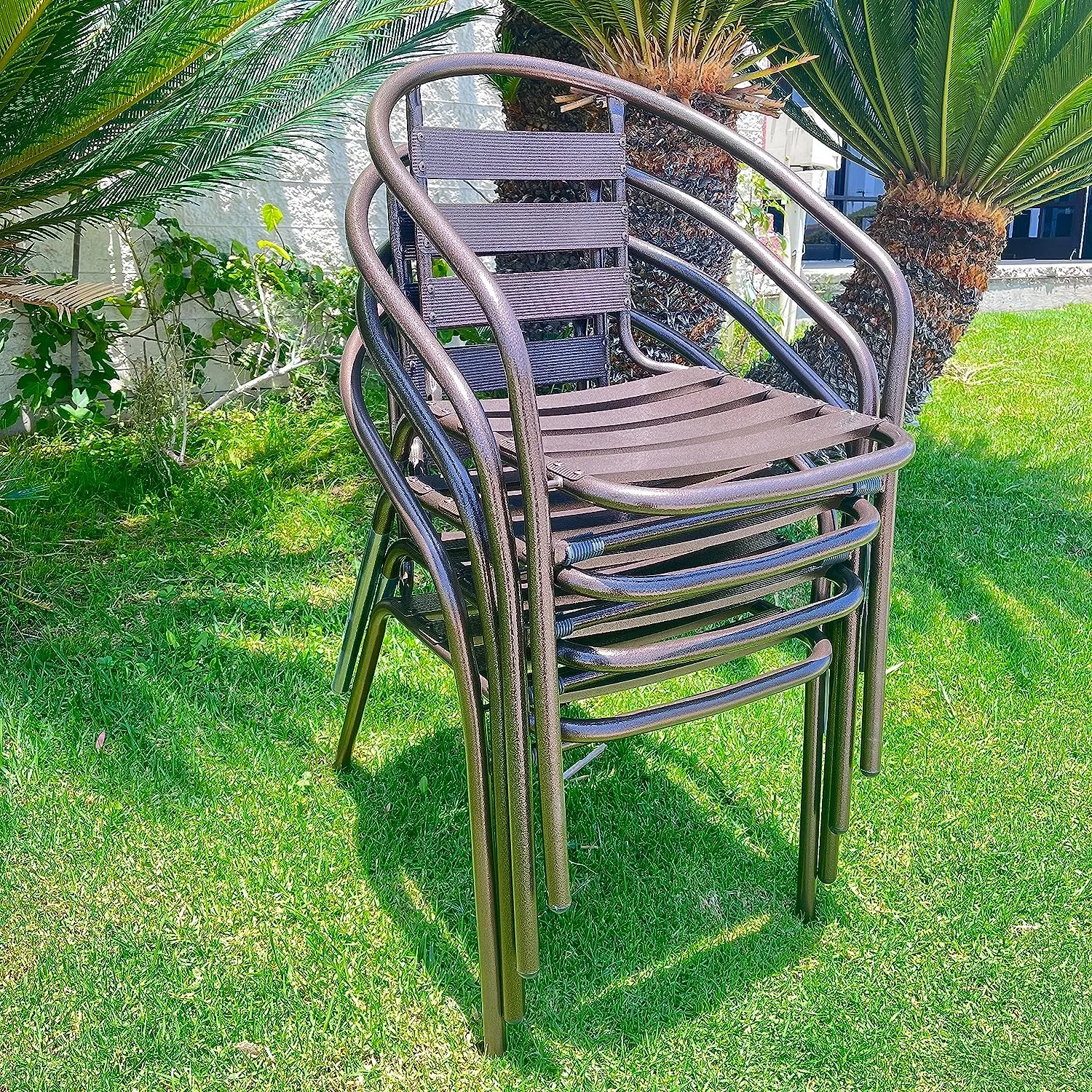 BTExpert Indoor Outdoor 27.5" Square Restaurant Table Stainless Steel Silver Aluminum   4 Bronze Metal Aluminum Slat Stack Chairs Lightweight