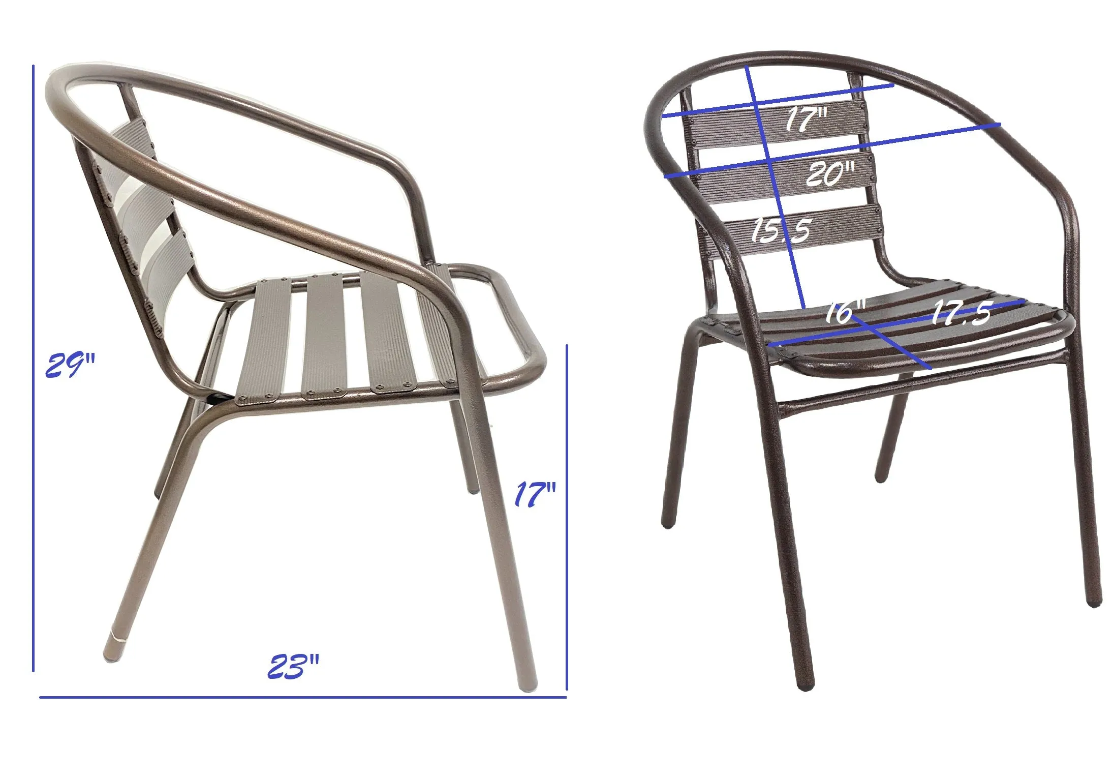 BTExpert Indoor Outdoor Set of 3 Bronze Restaurant Metal Aluminum Slat Stack Chairs Lightweight