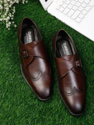 Men Brown Solid Genuine Leather Formal Monks