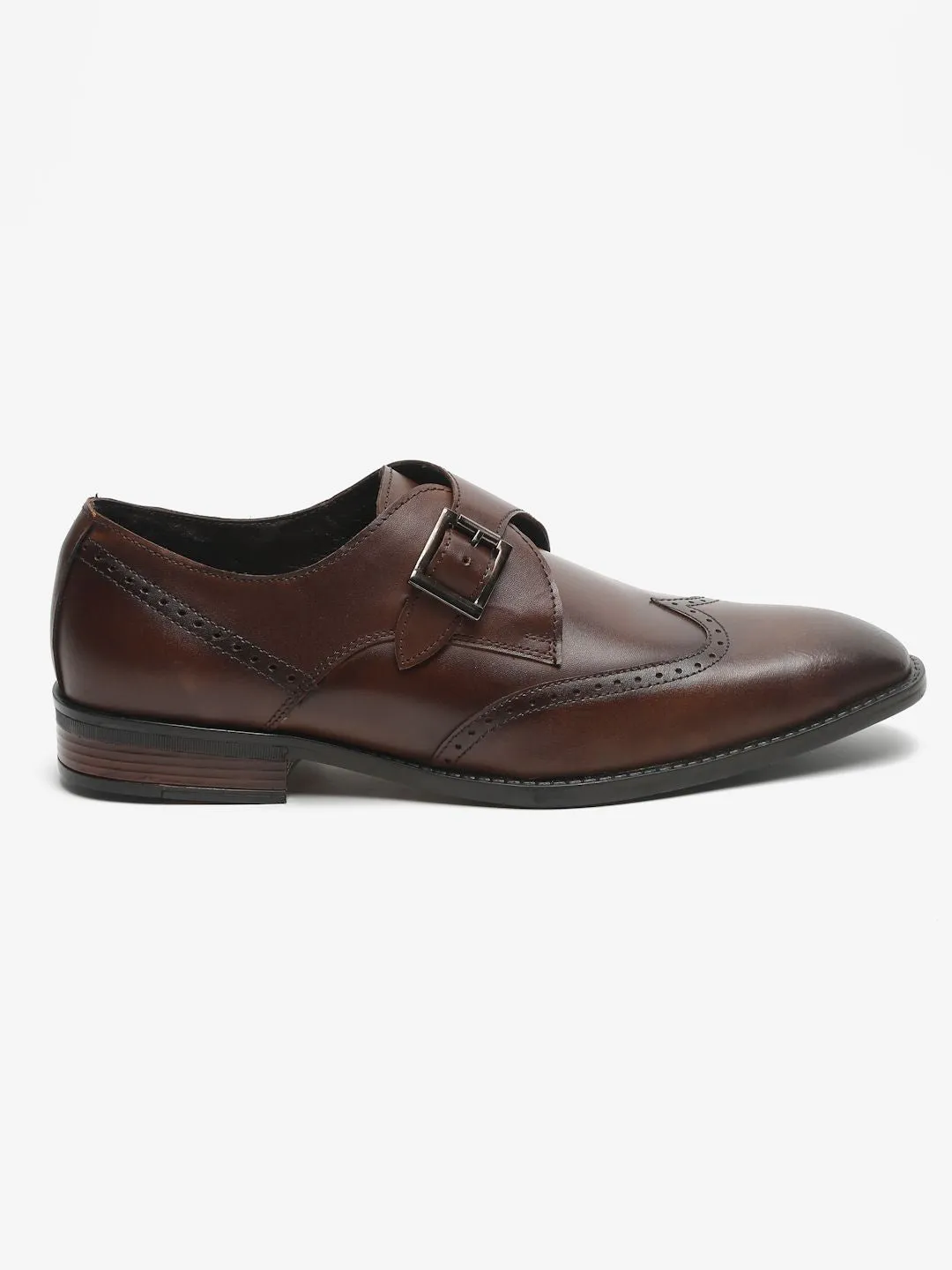 Men Brown Solid Genuine Leather Formal Monks