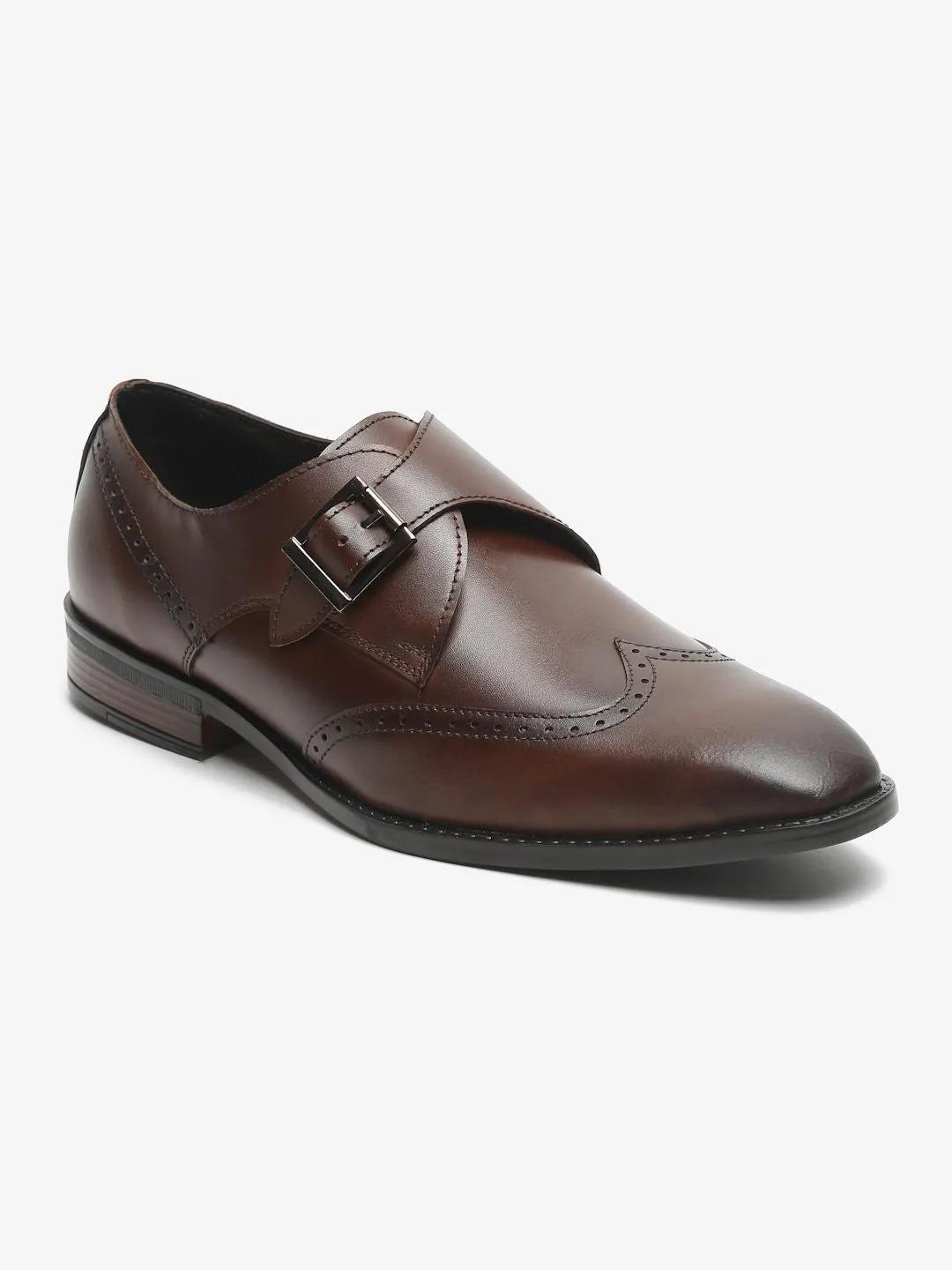Men Brown Solid Genuine Leather Formal Monks
