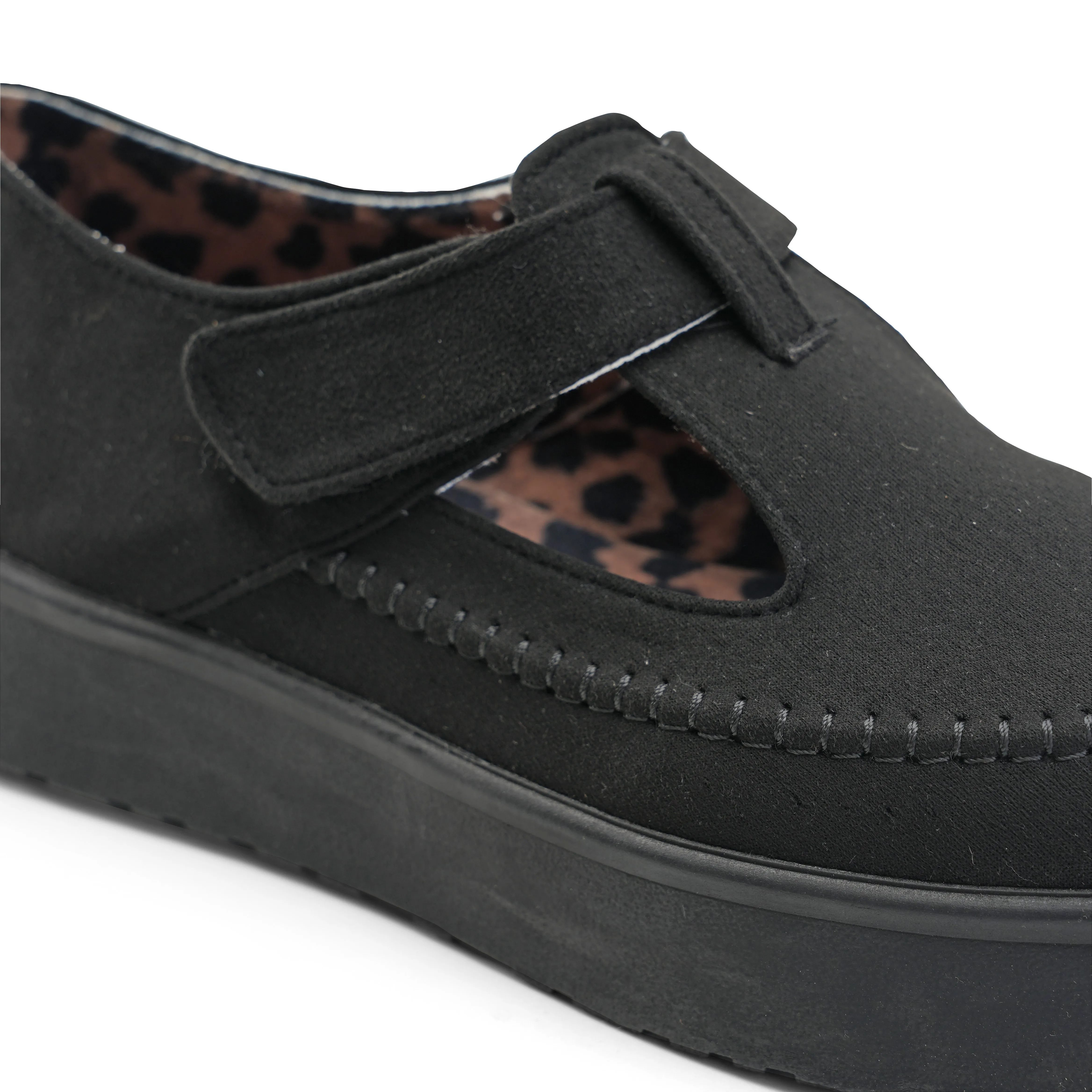 Suede Step T-Strap Loafers - Black