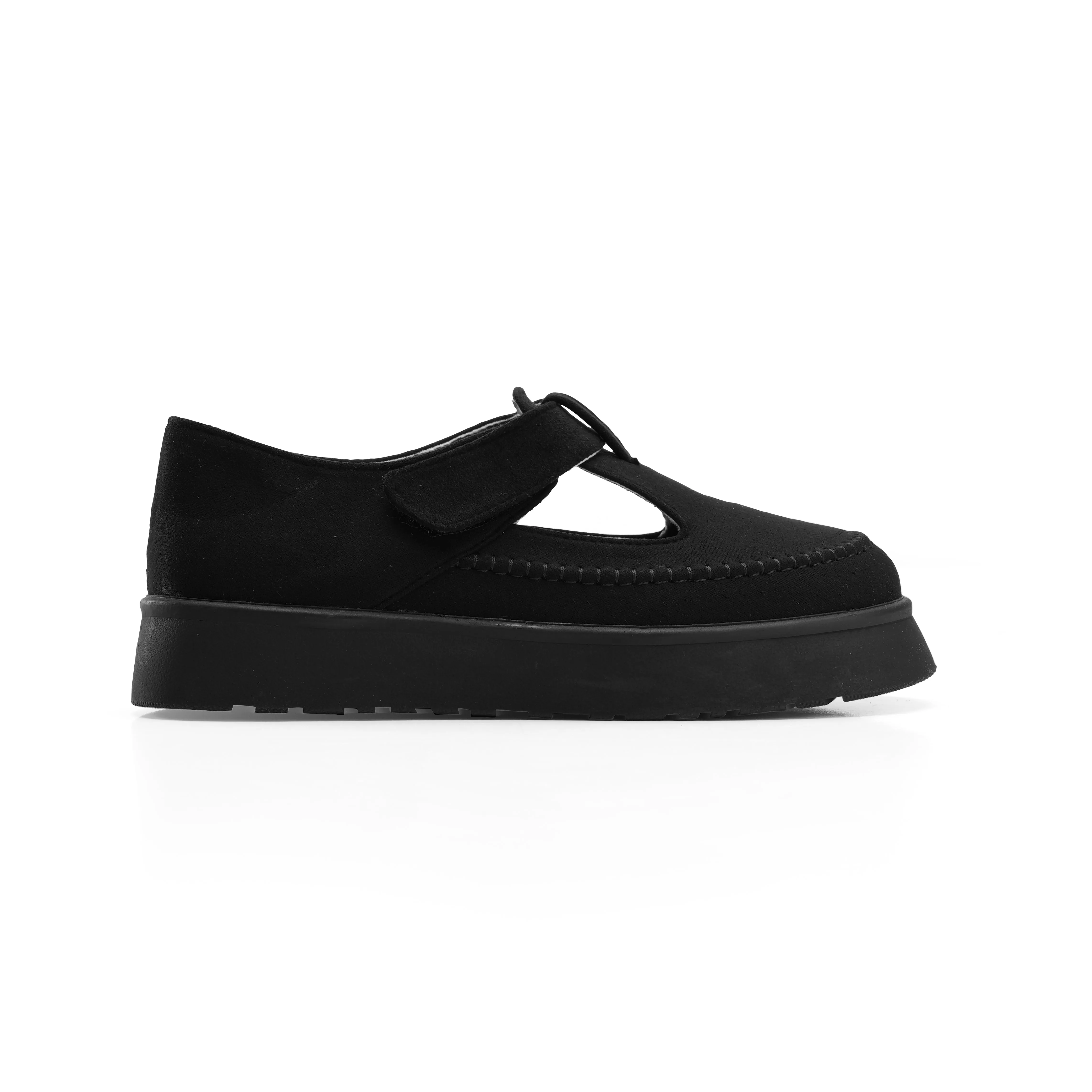 Suede Step T-Strap Loafers - Black