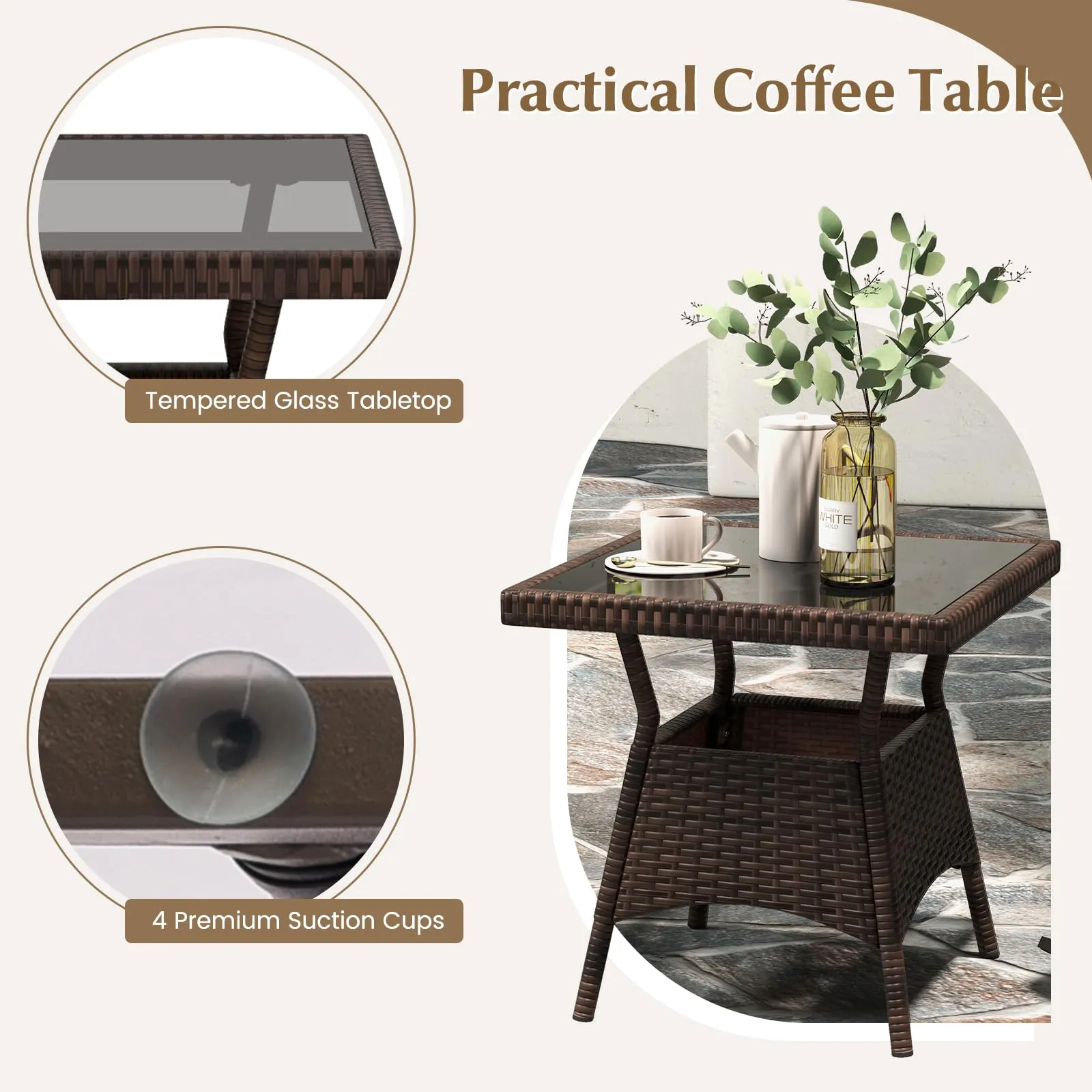 Tangkula 3 Pieces Rocking Bistro Set, Patiojoy Outdoor PE Rattan Rocker Chairs with Removable Cushions & Tempered Glass Top Coffee Table