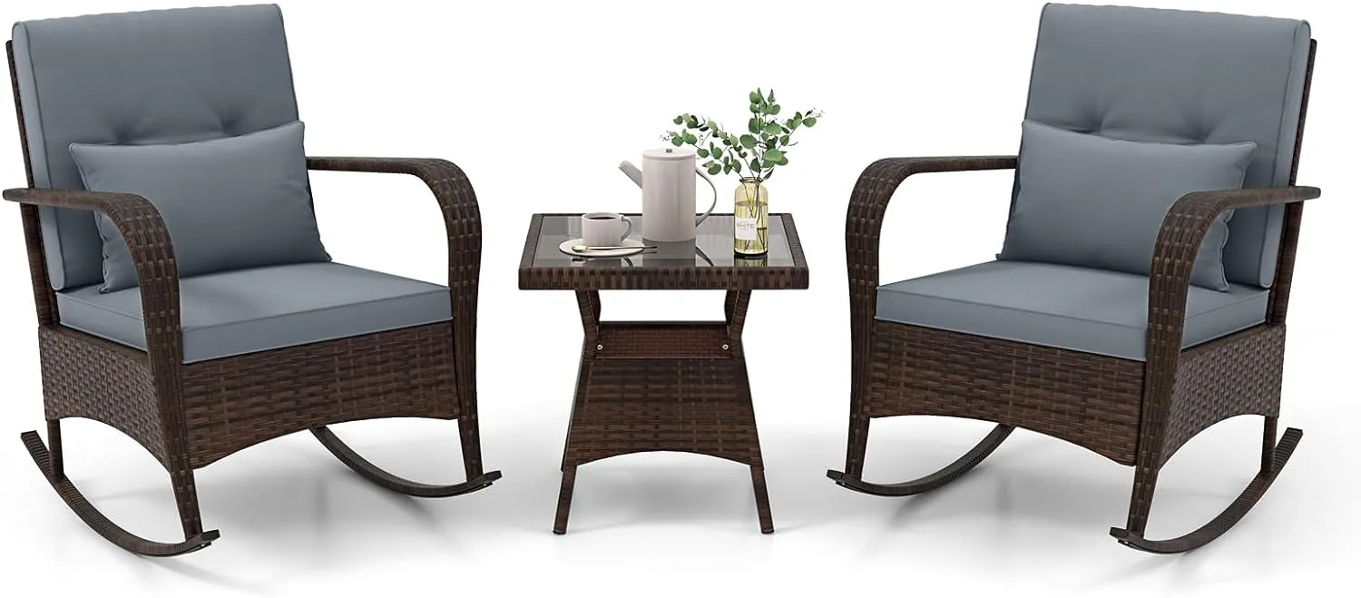 Tangkula 3 Pieces Rocking Bistro Set, Patiojoy Outdoor PE Rattan Rocker Chairs with Removable Cushions & Tempered Glass Top Coffee Table