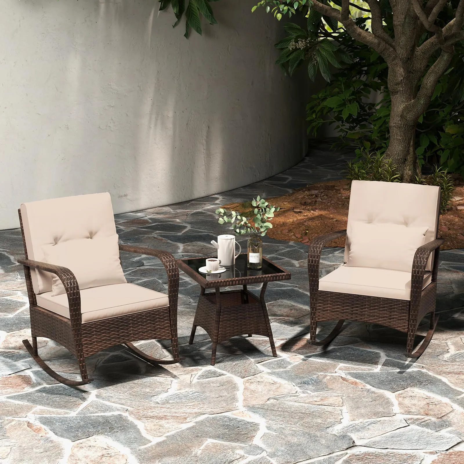 Tangkula 3 Pieces Rocking Bistro Set, Patiojoy Outdoor PE Rattan Rocker Chairs with Removable Cushions & Tempered Glass Top Coffee Table