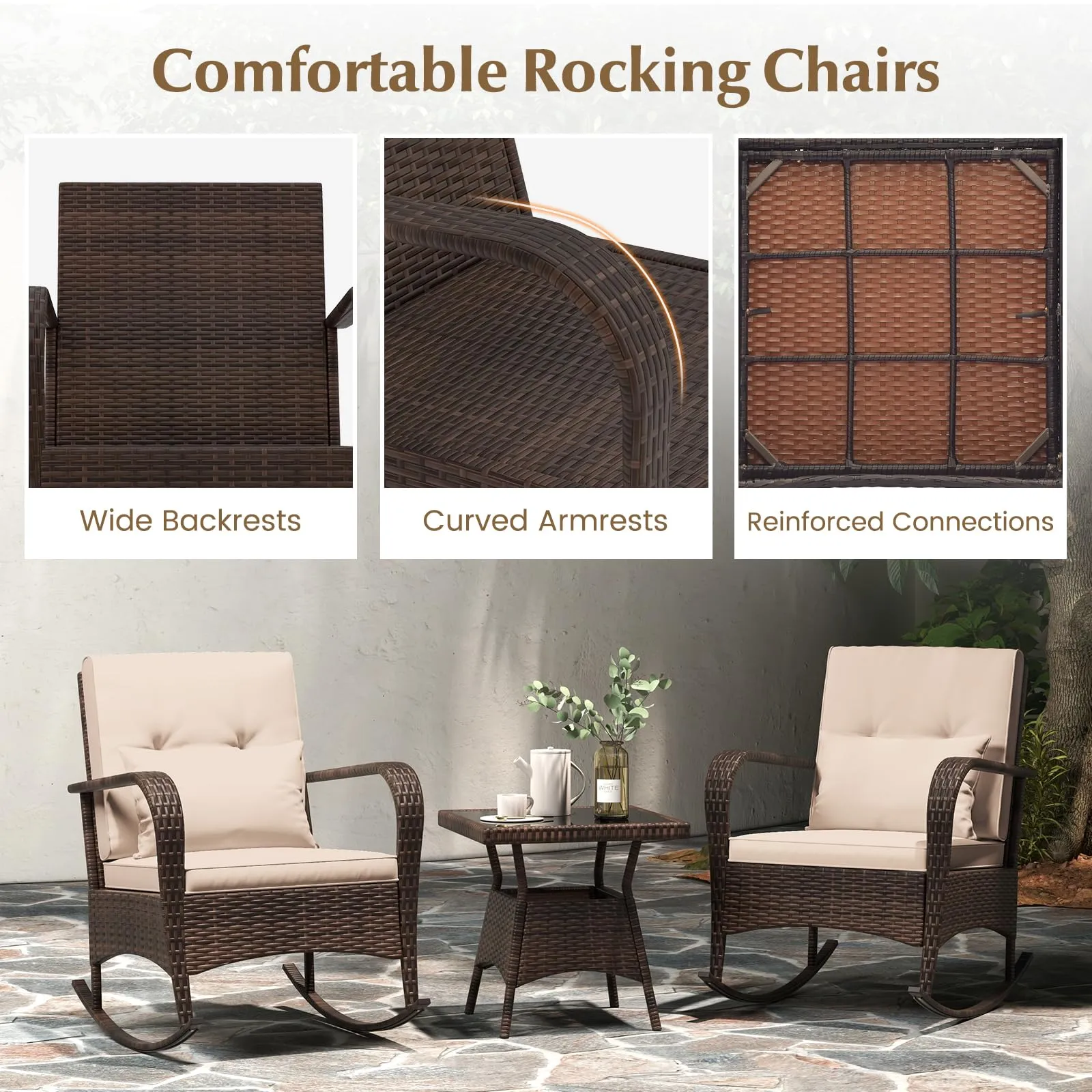 Tangkula 3 Pieces Rocking Bistro Set, Patiojoy Outdoor PE Rattan Rocker Chairs with Removable Cushions & Tempered Glass Top Coffee Table