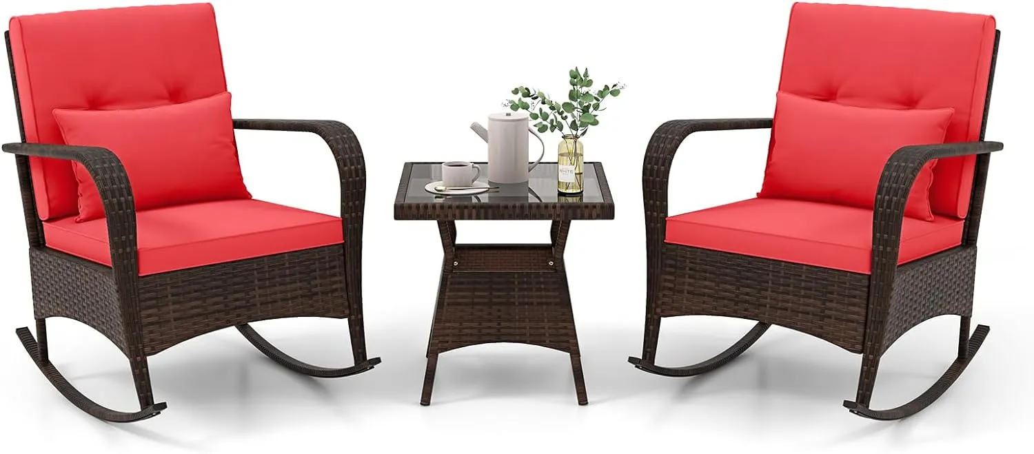 Tangkula 3 Pieces Rocking Bistro Set, Patiojoy Outdoor PE Rattan Rocker Chairs with Removable Cushions & Tempered Glass Top Coffee Table
