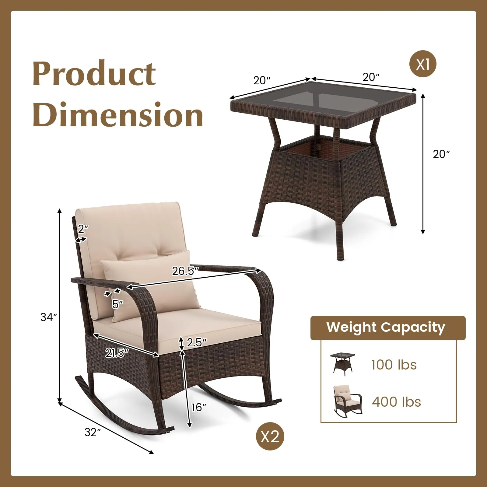 Tangkula 3 Pieces Rocking Bistro Set, Patiojoy Outdoor PE Rattan Rocker Chairs with Removable Cushions & Tempered Glass Top Coffee Table