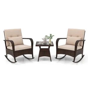 Tangkula 3 Pieces Rocking Bistro Set, Patiojoy Outdoor PE Rattan Rocker Chairs with Removable Cushions & Tempered Glass Top Coffee Table